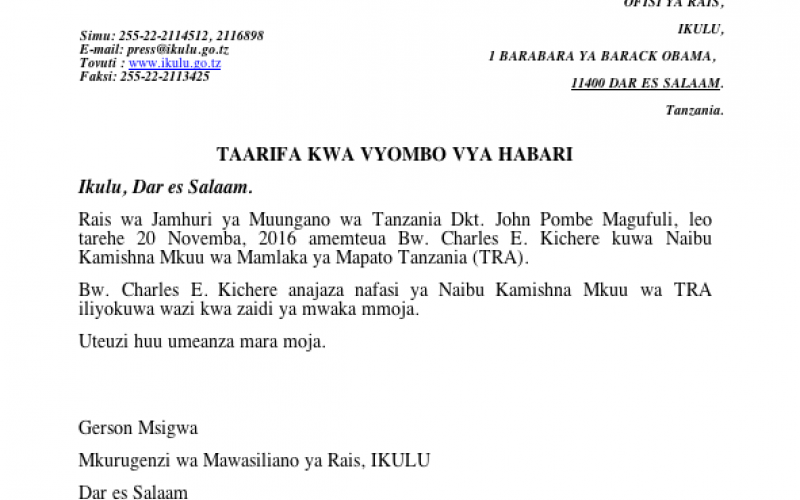 Bw. Charles E. Kichere kuwa Naibu Kamishna Mkuu wa Mamlaka ya Mapato Tanzania (TRA).